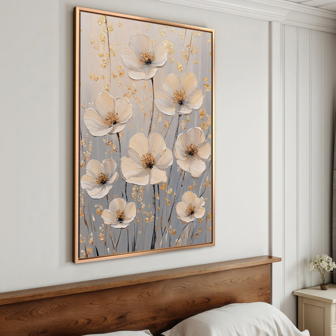 Framed Wall Art featuring elegant white floral painting with gold accents on a gray background. Adds a touch of sophistication to any space.