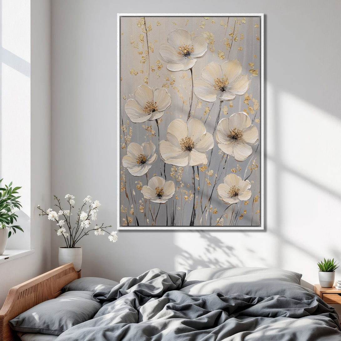 Framed Wall Art featuring elegant white floral painting with gold accents. Neutral color palette perfect for bedroom decor. Shop our Canvas Prints for a touch of sophistication!
