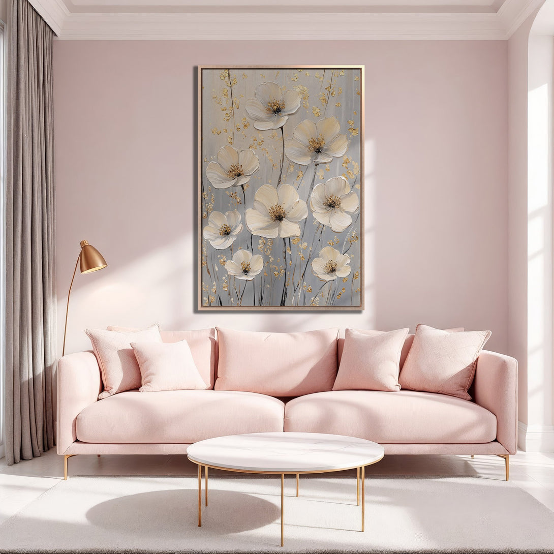 Framed Wall Art featuring elegant white floral painting. Soft, neutral color palette complements the modern interior design. Add a touch of sophistication to your space!