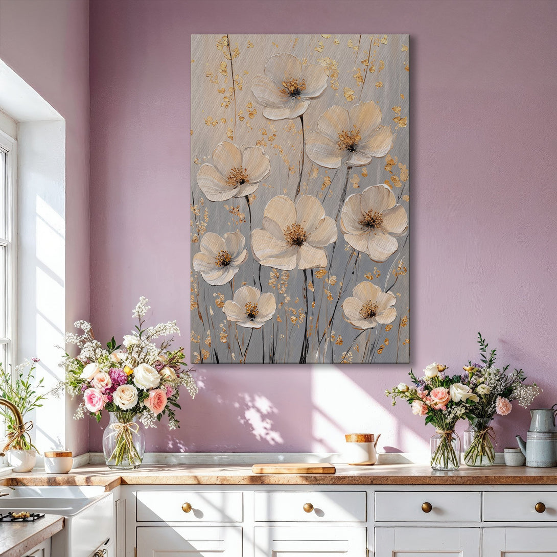 Framed Wall Art: Elegant floral canvas print in neutral tones. Features large white flowers with gold accents, perfect for adding a touch of modern art to your home.
