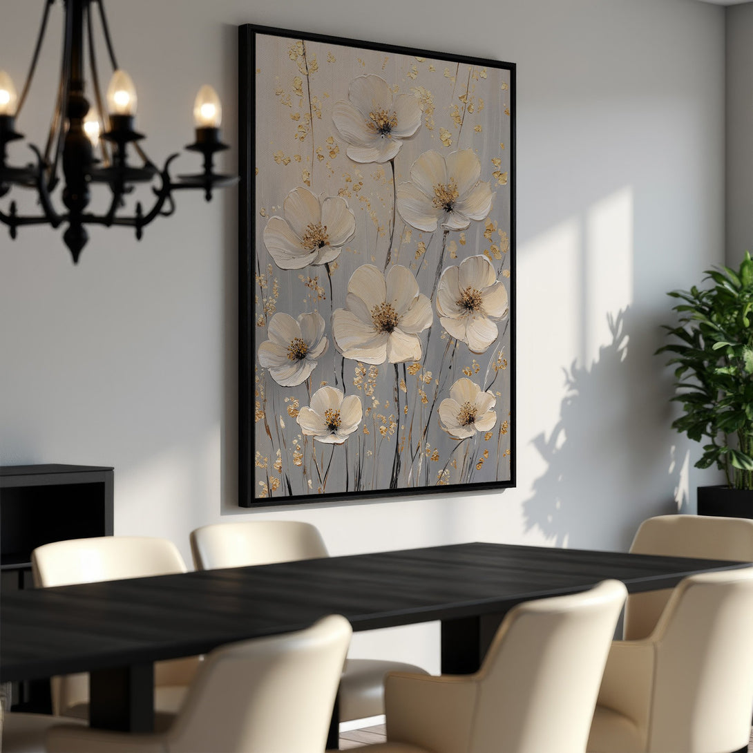 Framed Wall Art featuring elegant white flower painting in a neutral gray and gold color palette. Perfect for adding a touch of sophistication to your dining room.