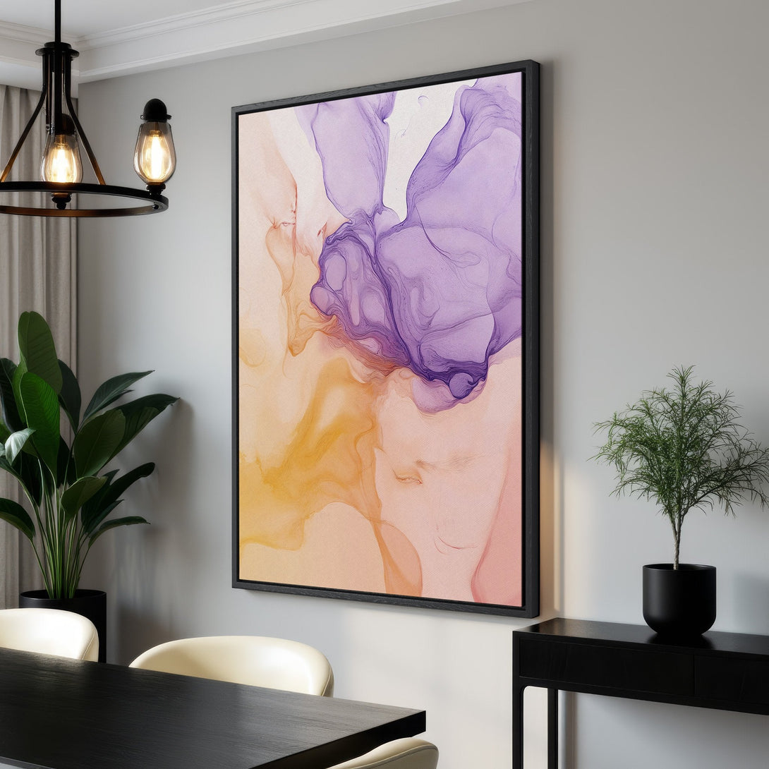 Framed Wall Art featuring abstract fluid art in purple and orange hues. Modern canvas print adds a pop of color and style to any interior space.