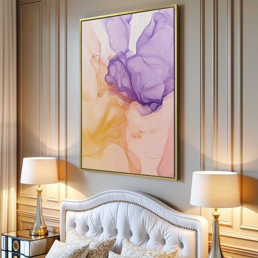 Abstract Canvas Print in a modern interior. Features flowing purple, orange, and pink hues. Perfect wall art for living rooms and bedrooms.