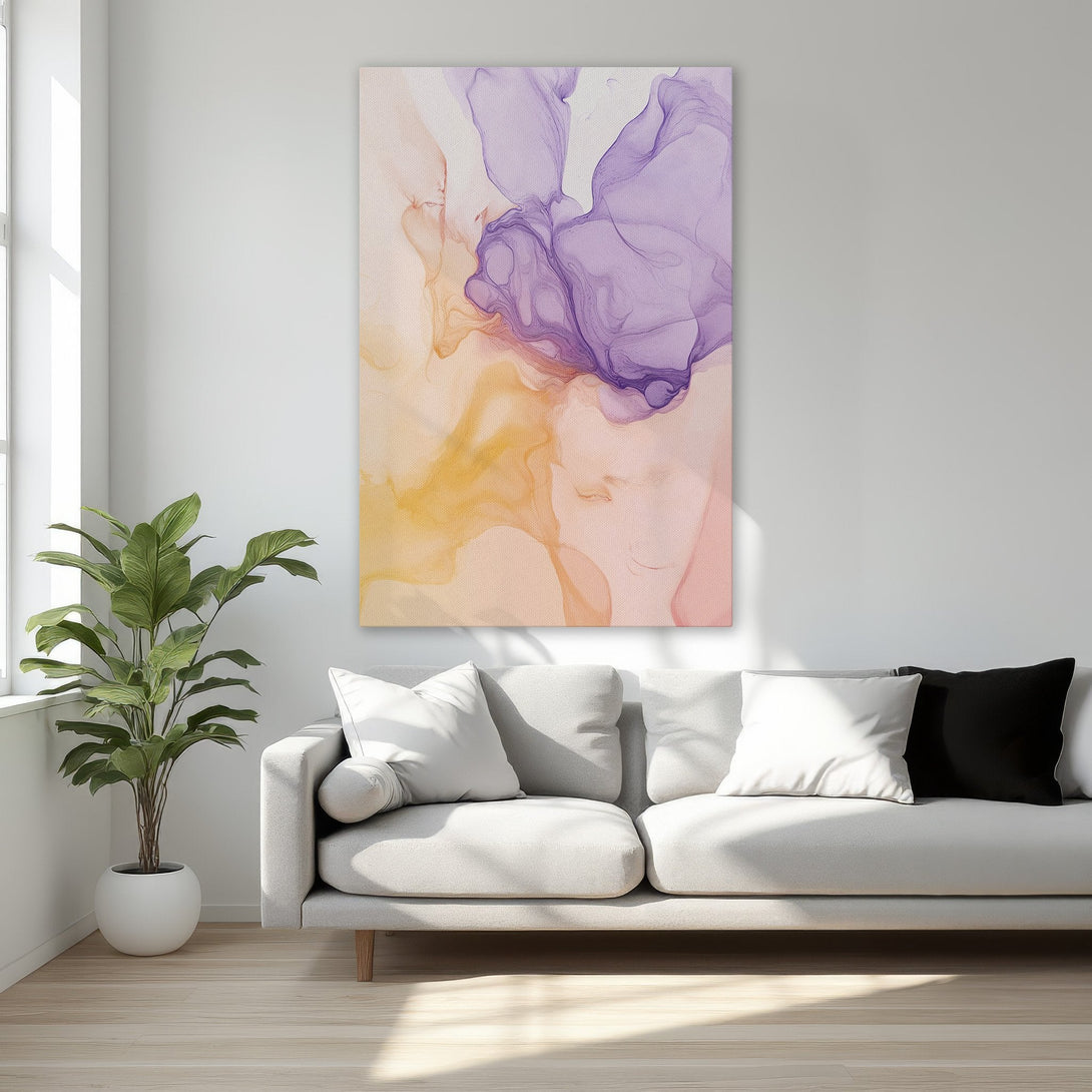 Framed Wall Art featuring an abstract watercolor design in purple and gold hues. Elevate your space with this elegant Canvas Print.