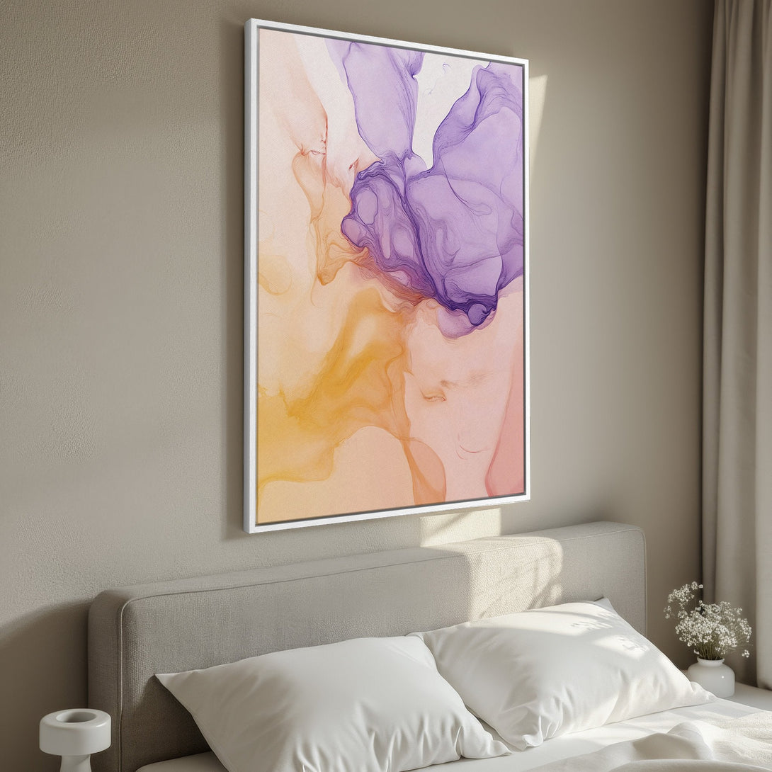 Framed Wall Art featuring abstract watercolor art in a warm, inviting color palette of orange, purple, and pink. Perfect for bedroom decor!