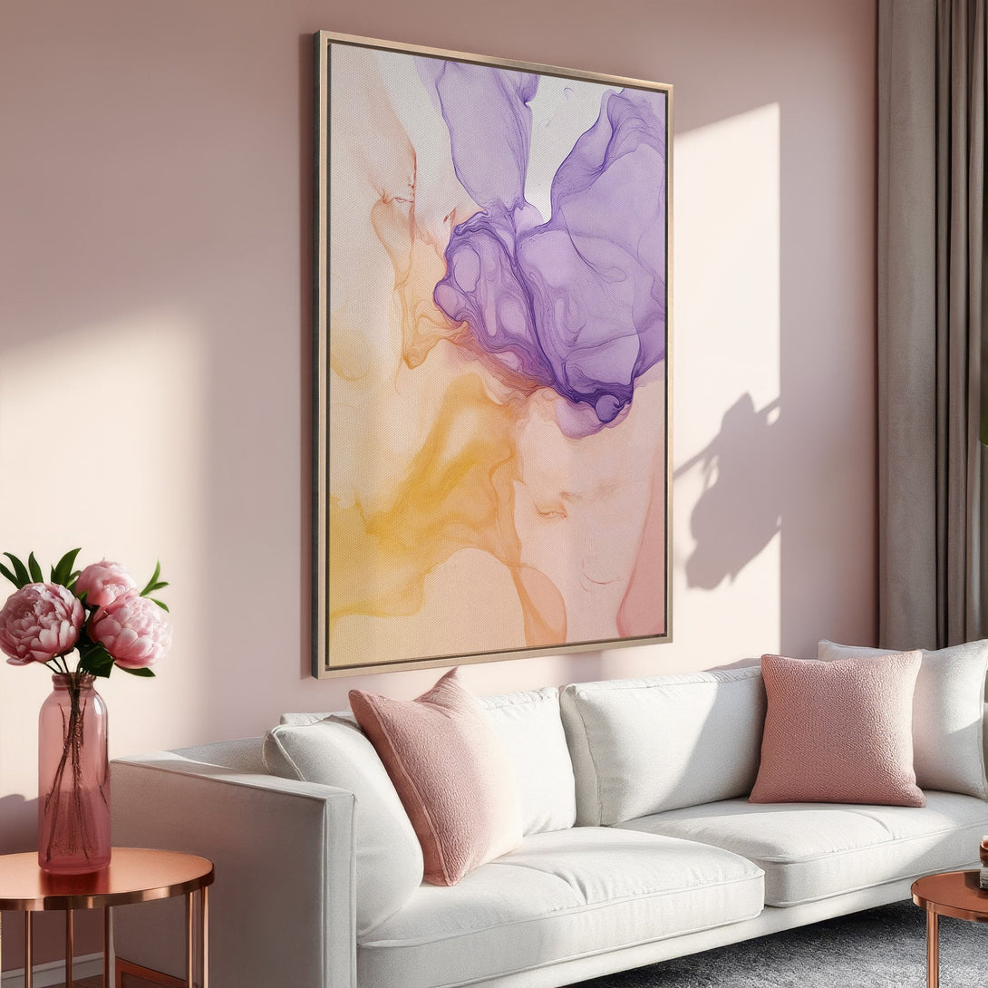 Framed Wall Art: Abstract canvas print in purple, orange, and pink hues. Modern art for living room decor. Enhance your space with stylish wall art.