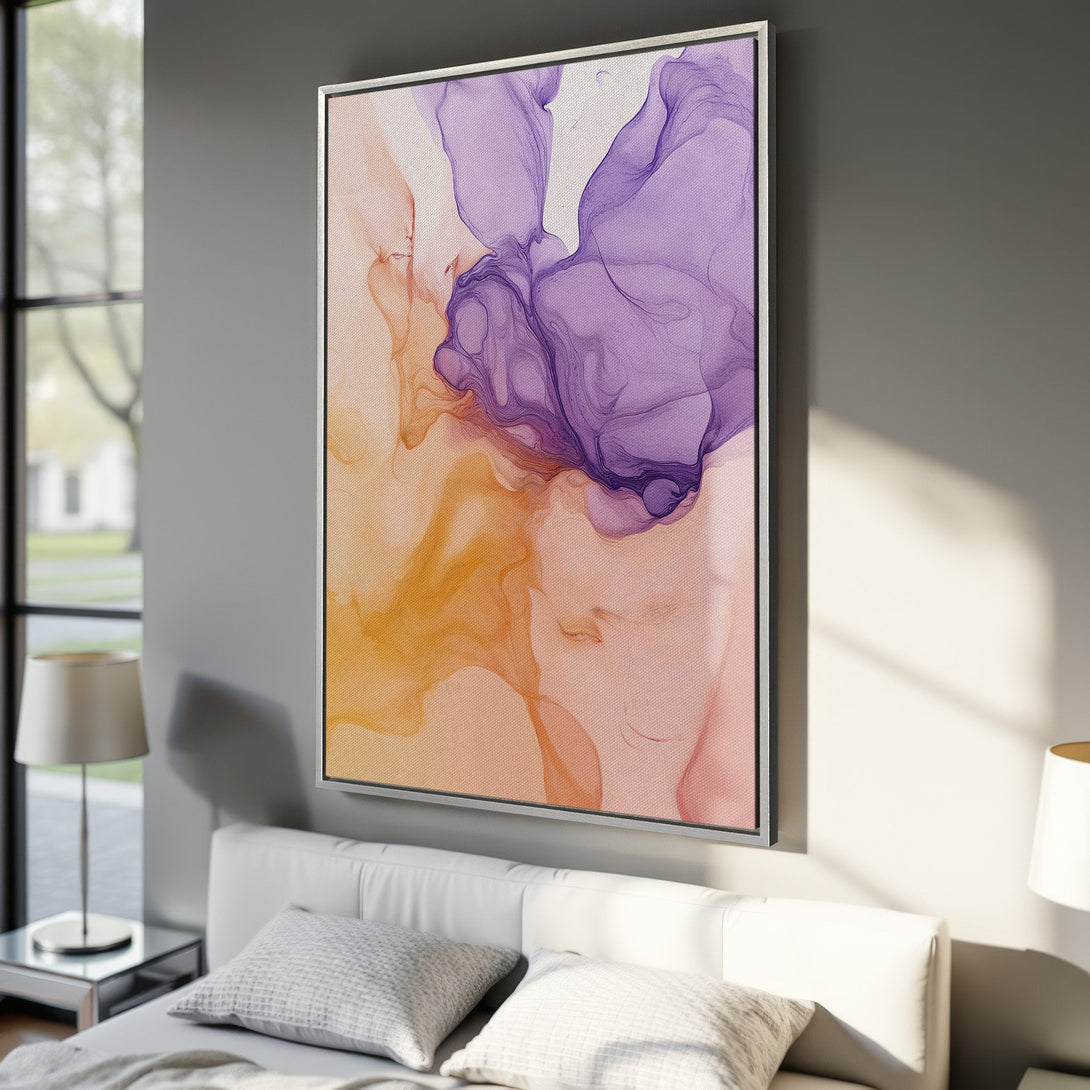Framed Wall Art: Abstract Canvas Print in purple and orange hues. Modern art decor for bedroom. Enhance your space with this stunning artwork.