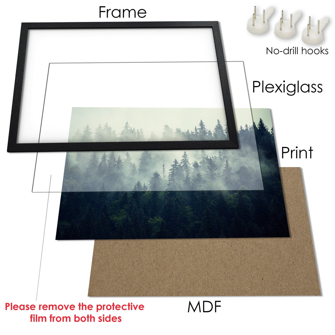 Framed Poster of misty forest in green and gray tones. Bring nature's beauty indoors!