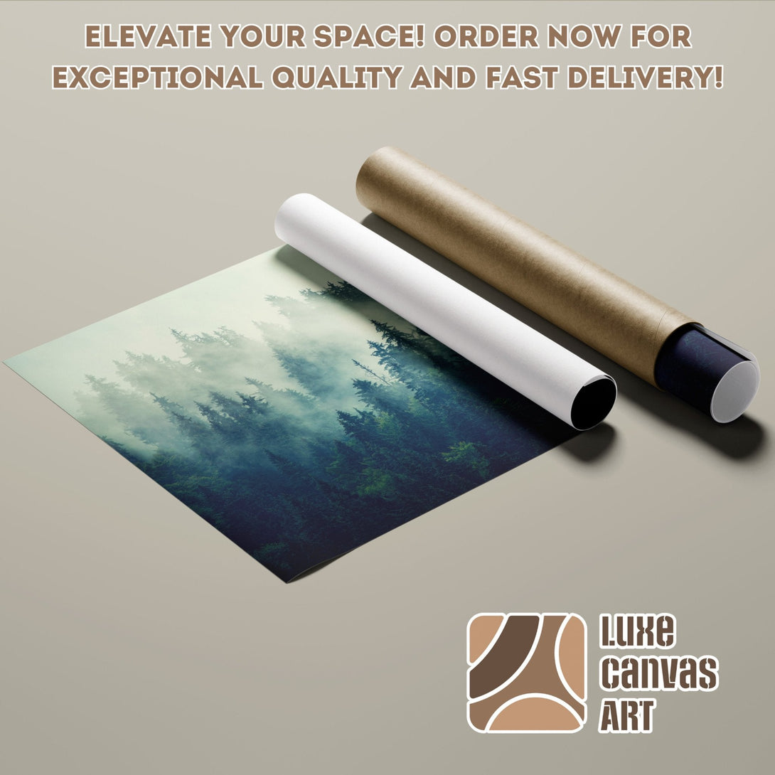 Forest Poster Roll, serene landscape art in blue/green tones, perfect for home decor.