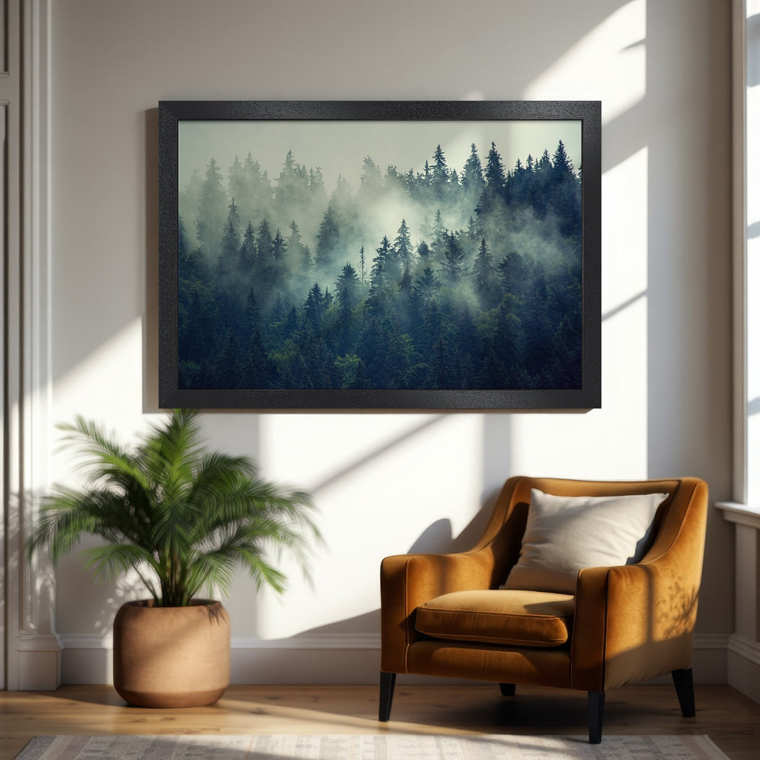 Framed Poster featuring a misty forest scene. Serene landscape art in cool blues and greens. Perfect wall decor.