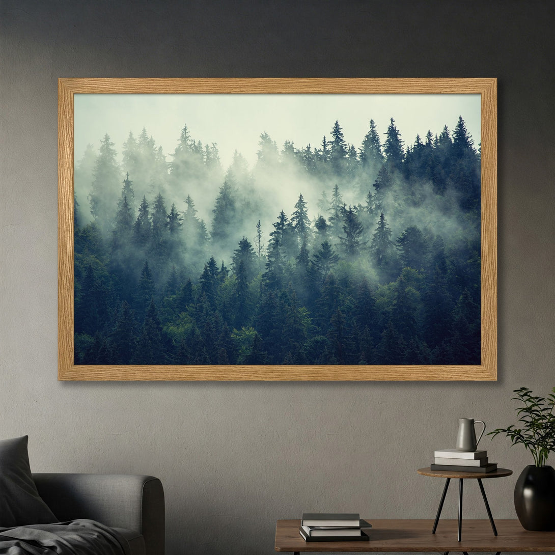 Framed Poster featuring a misty forest scene. Nature-inspired art with a cool, calming blue and green color palette. Perfect wall decor.