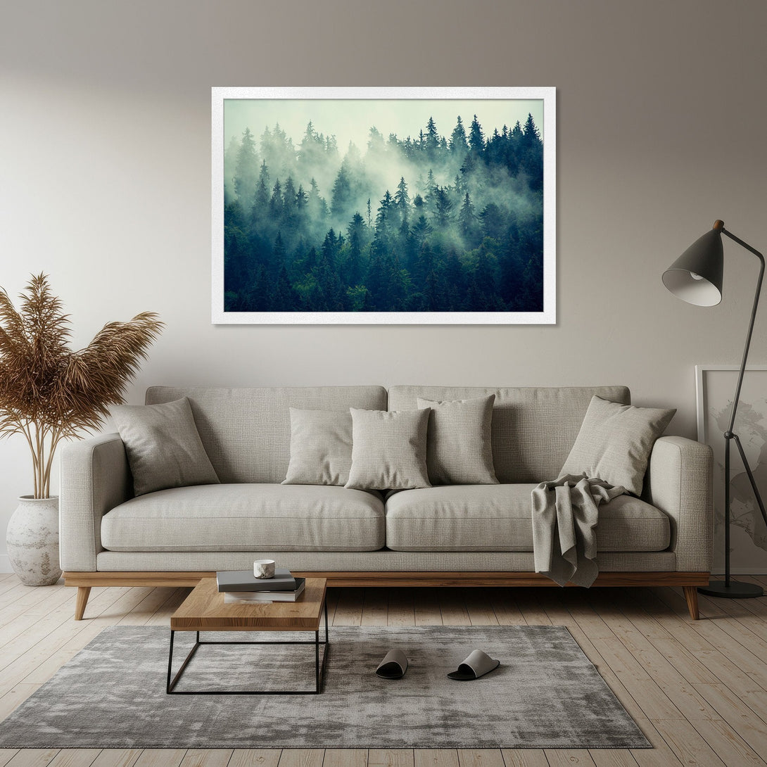 Framed Poster of misty forest scene in green and blue tones. Bring nature's beauty indoors with this stunning wall art.
