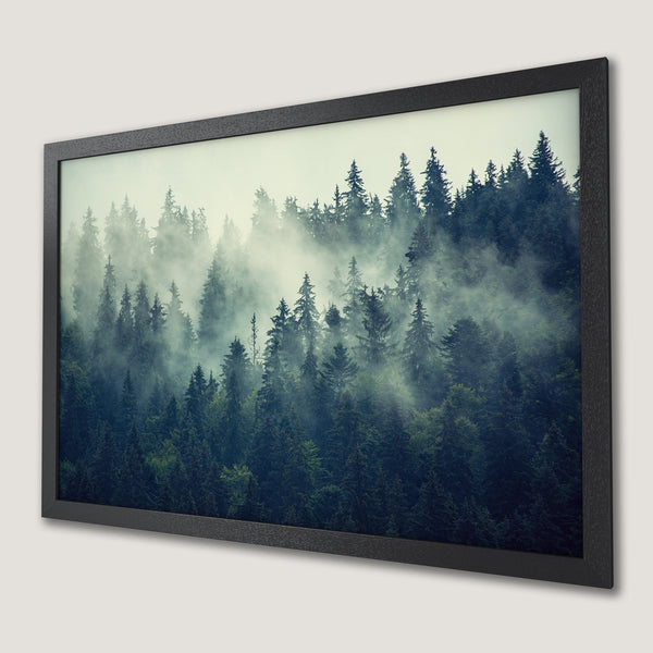 Framed Poster of misty forest scene, nature art with green and blue tones, perfect for your home decor.