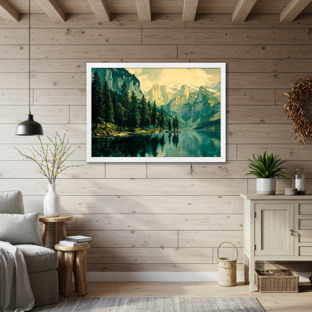 Framed Poster of a serene mountain lake scene, showcasing a classic style with a calming green and blue color palette. Perfect wall art!