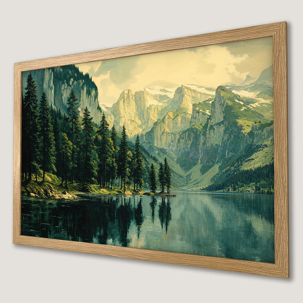Framed Poster of a serene mountain lake landscape in a vintage style with a green and yellow color palette.