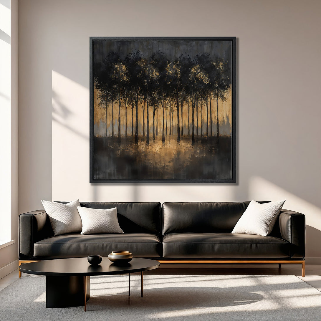 Framed Wall Art featuring a forest scene in black and gold tones. Modern abstract style adds elegance to any space. Enhance your home decor with this Canvas Print.