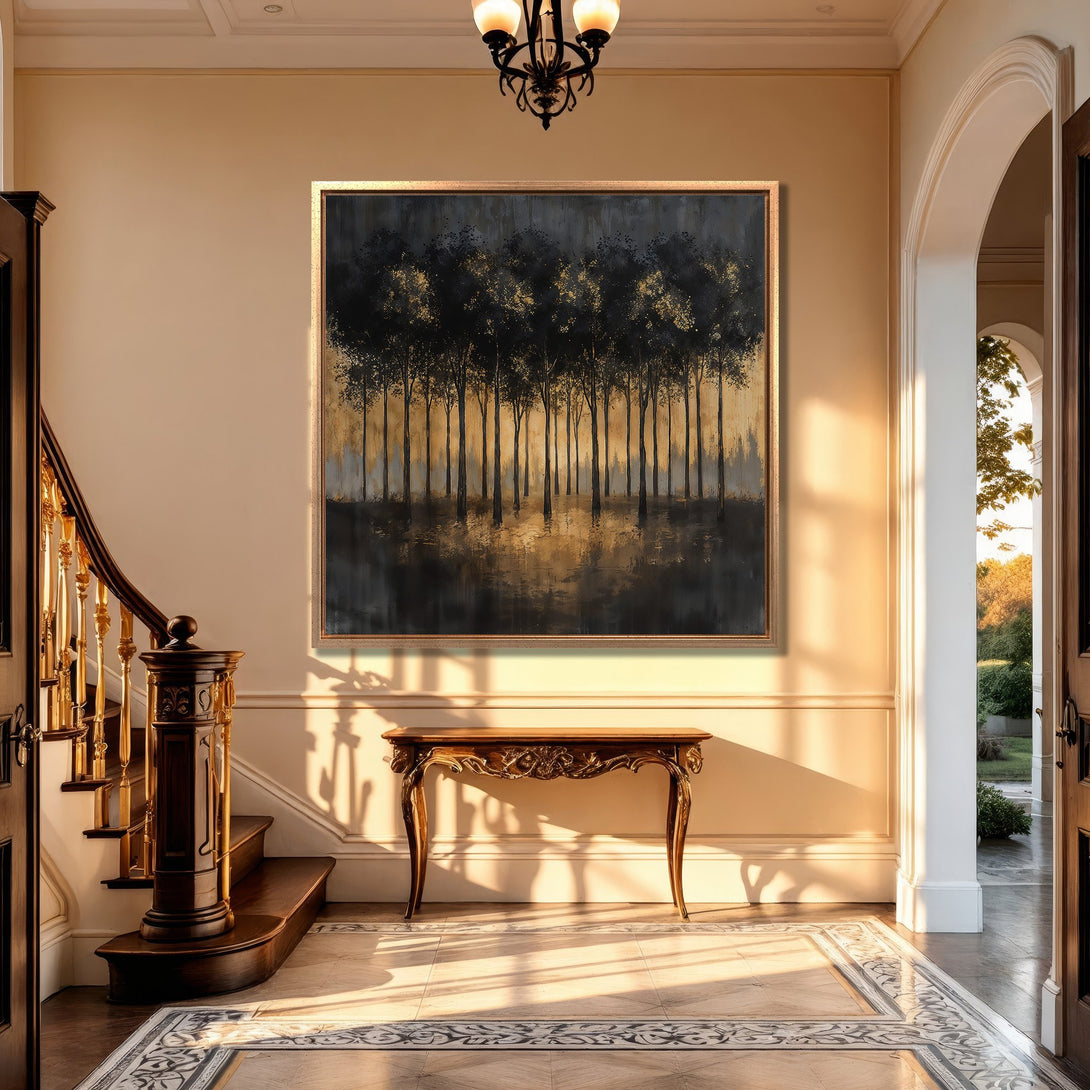 Framed Wall Art featuring a serene forest scene in black, gold, and neutral tones. Perfect for adding a touch of elegance to your home decor.