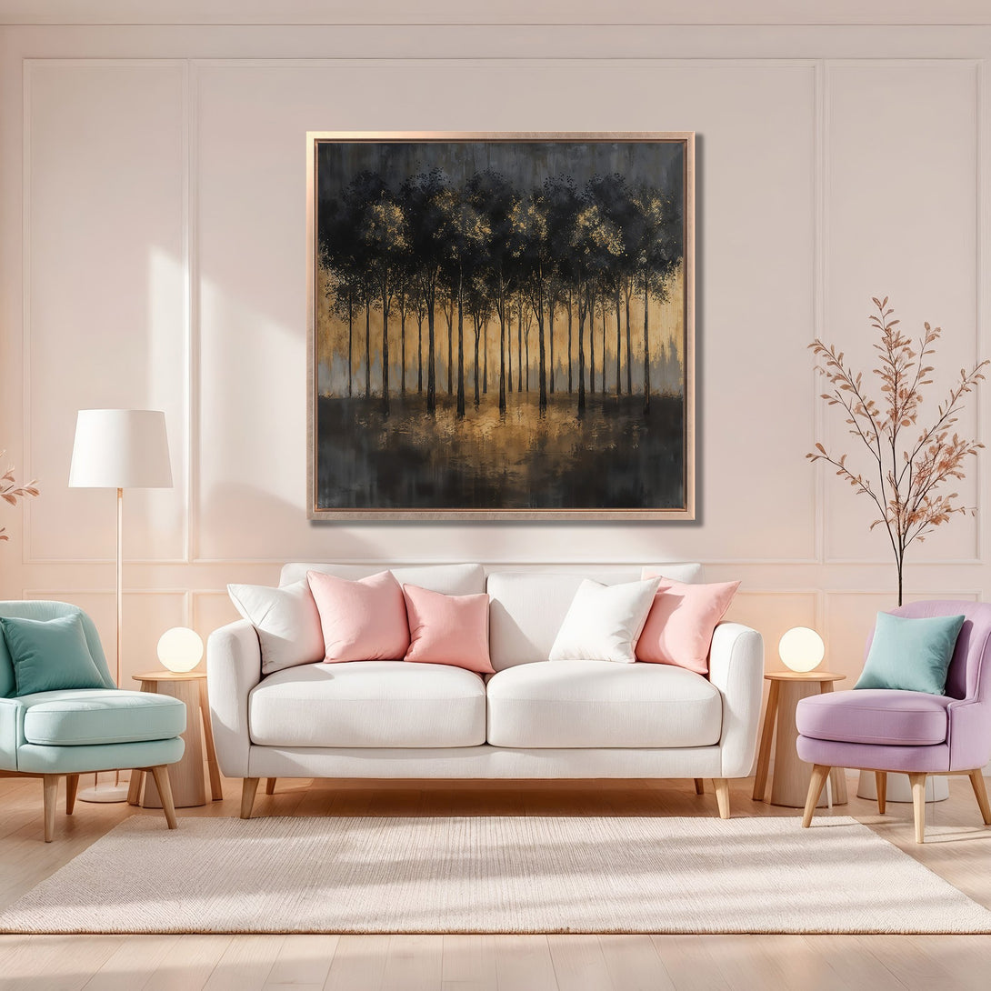 Framed Wall Art featuring a serene forest scene in gold and black tones. Modern canvas print adds a touch of elegance to any interior.