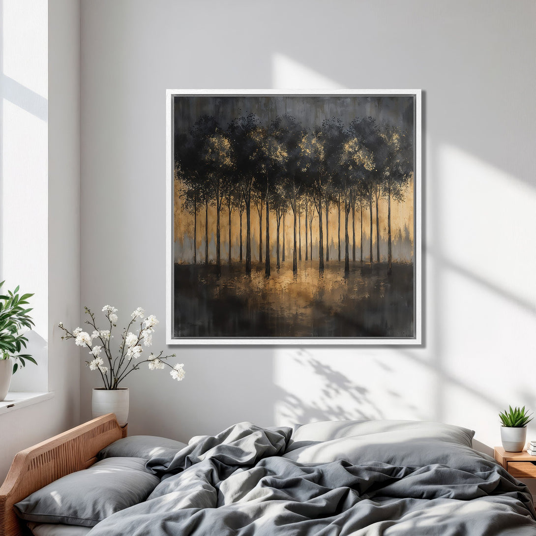 Framed Wall Art: Abstract forest painting in black, gold, and grey. Modern canvas print adds a touch of elegance to any bedroom.