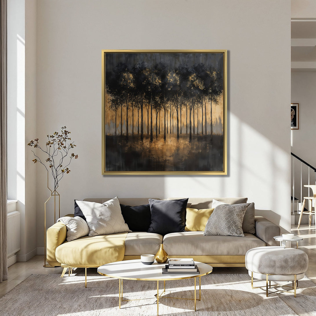 Canvas Print of abstract forest scene in gold and black, displayed in a stylish living room with red chairs and teal walls.