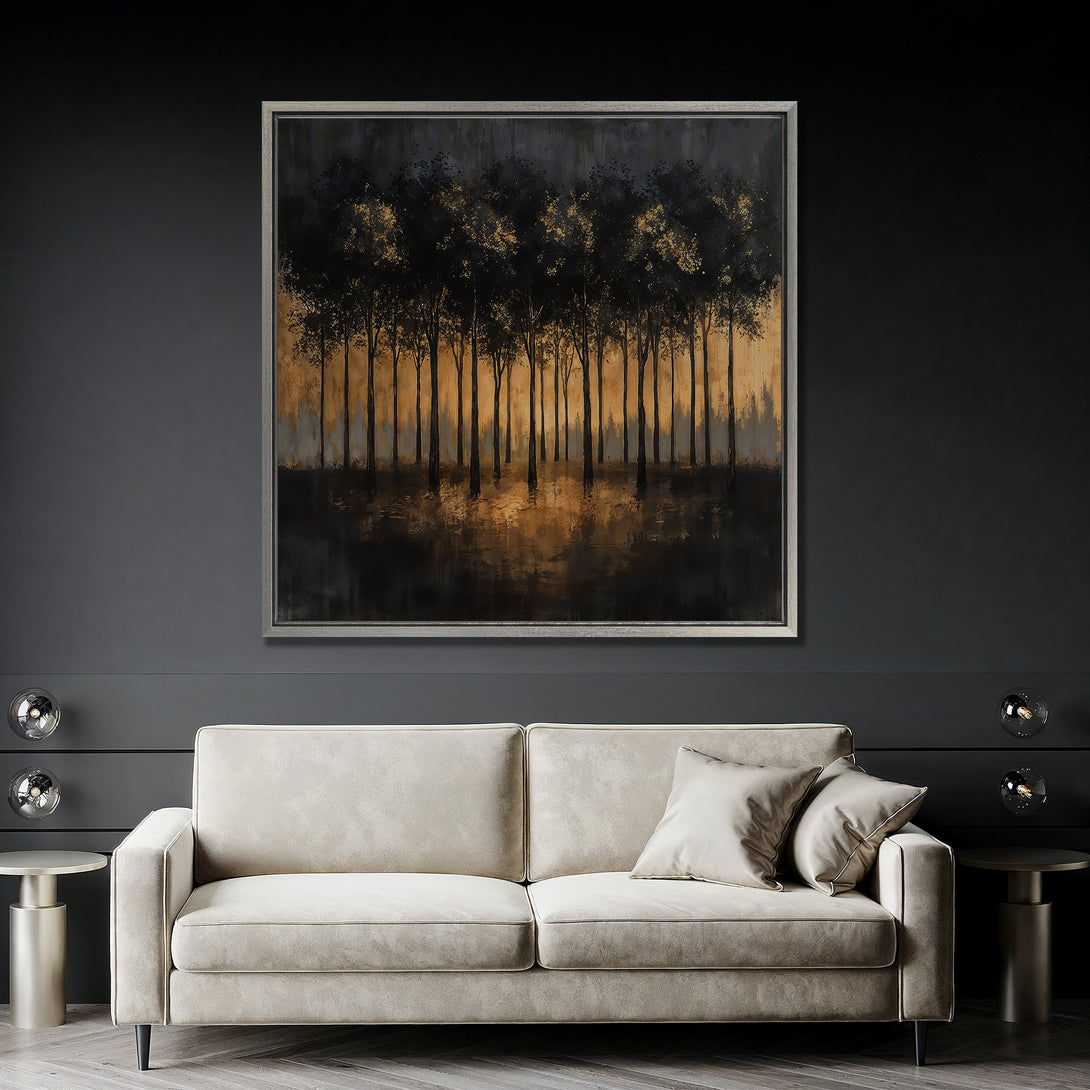 Framed Wall Art featuring a serene forest scene in black, gold, and bronze tones. Modern abstract style perfect for living room decor.