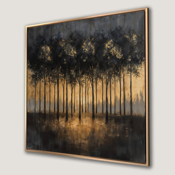 Framed Wall Art: Abstract forest scene in gold and black. Modern art canvas print with warm, inviting color palette. Perfect for home decor.