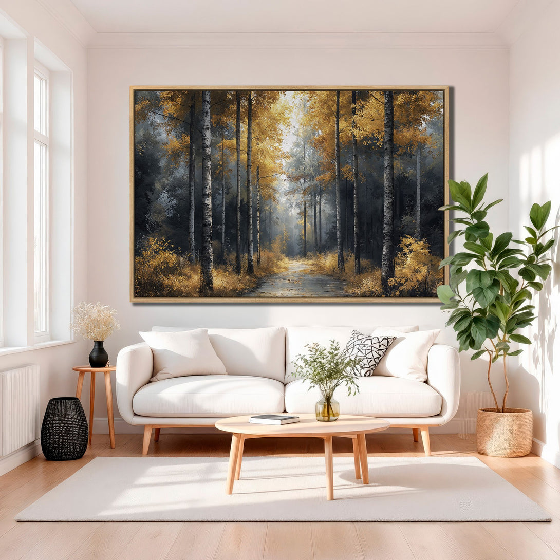 Framed Wall Art: Stunning forest scene Canvas Print with gold and grey tones. Perfect for adding a touch of nature and elegance to your living room decor.
