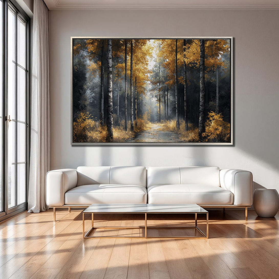 Framed Wall Art: Forest scene with golden and gray tones. Landscape Canvas Print adds a touch of nature to any room.