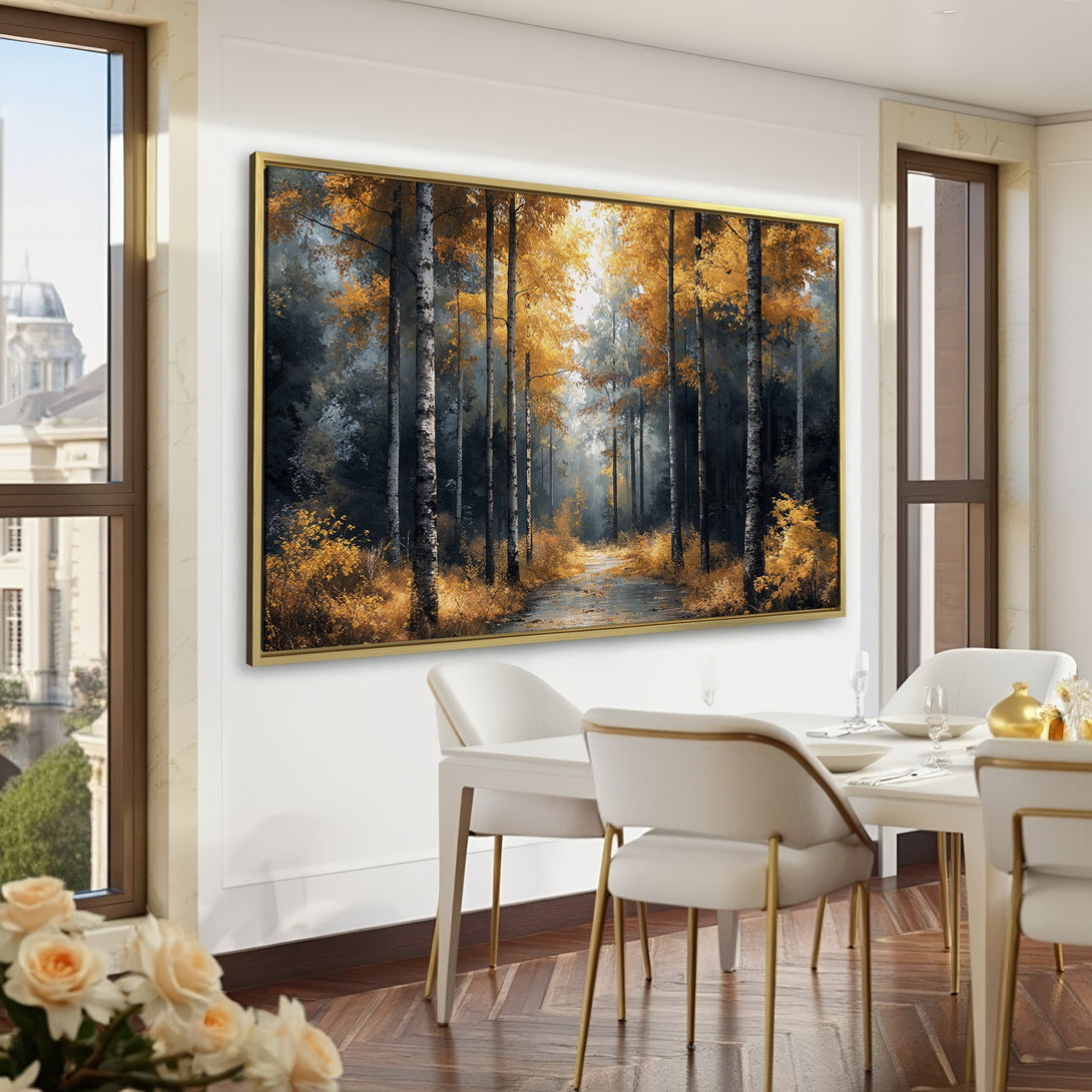 Canvas Print of a serene forest scene with golden autumn leaves. Warm, inviting color palette. Perfect wall art for your home.
