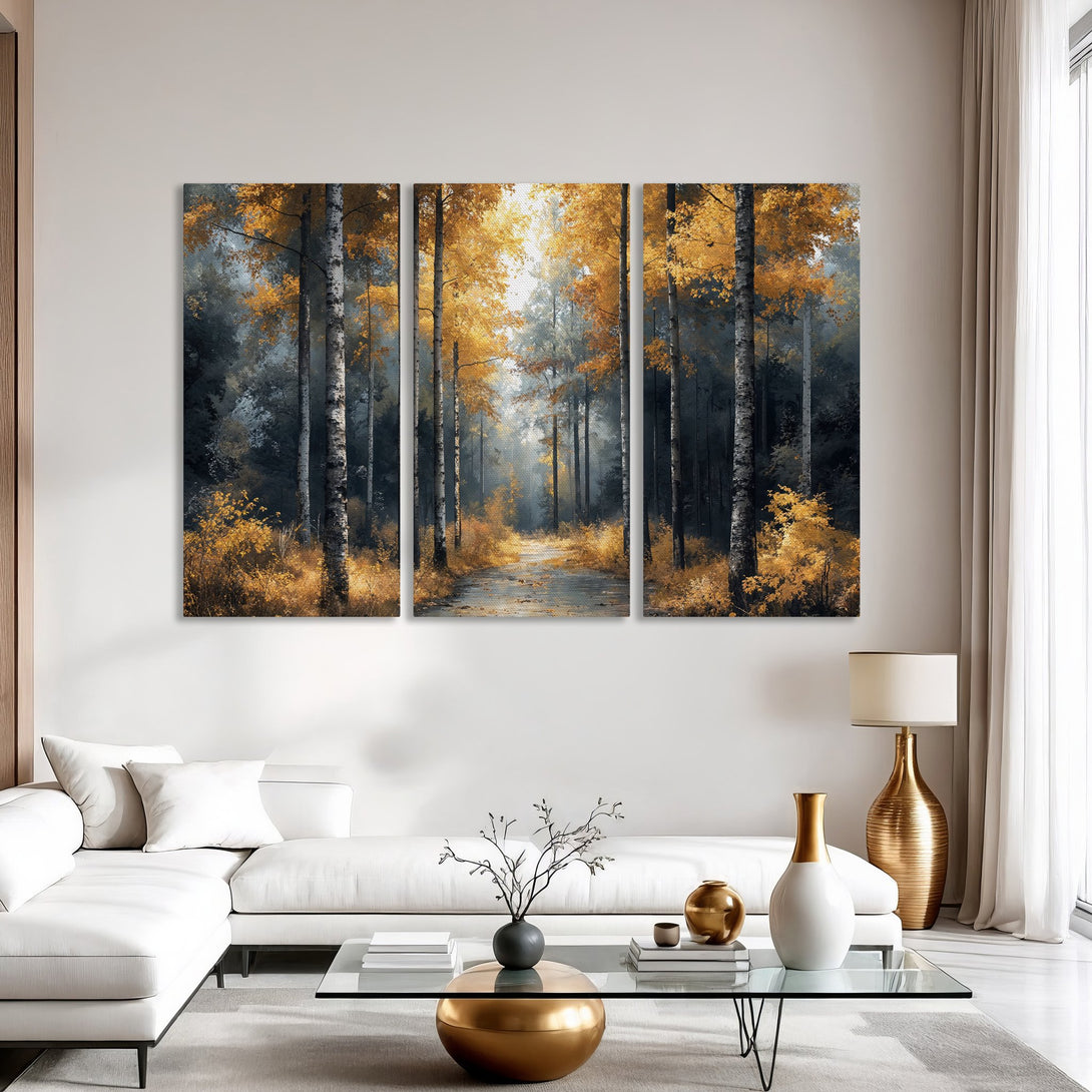 Canvas Print triptych of a serene forest scene with golden autumn foliage. Modern art in a neutral interior, featuring a warm, inviting color palette.