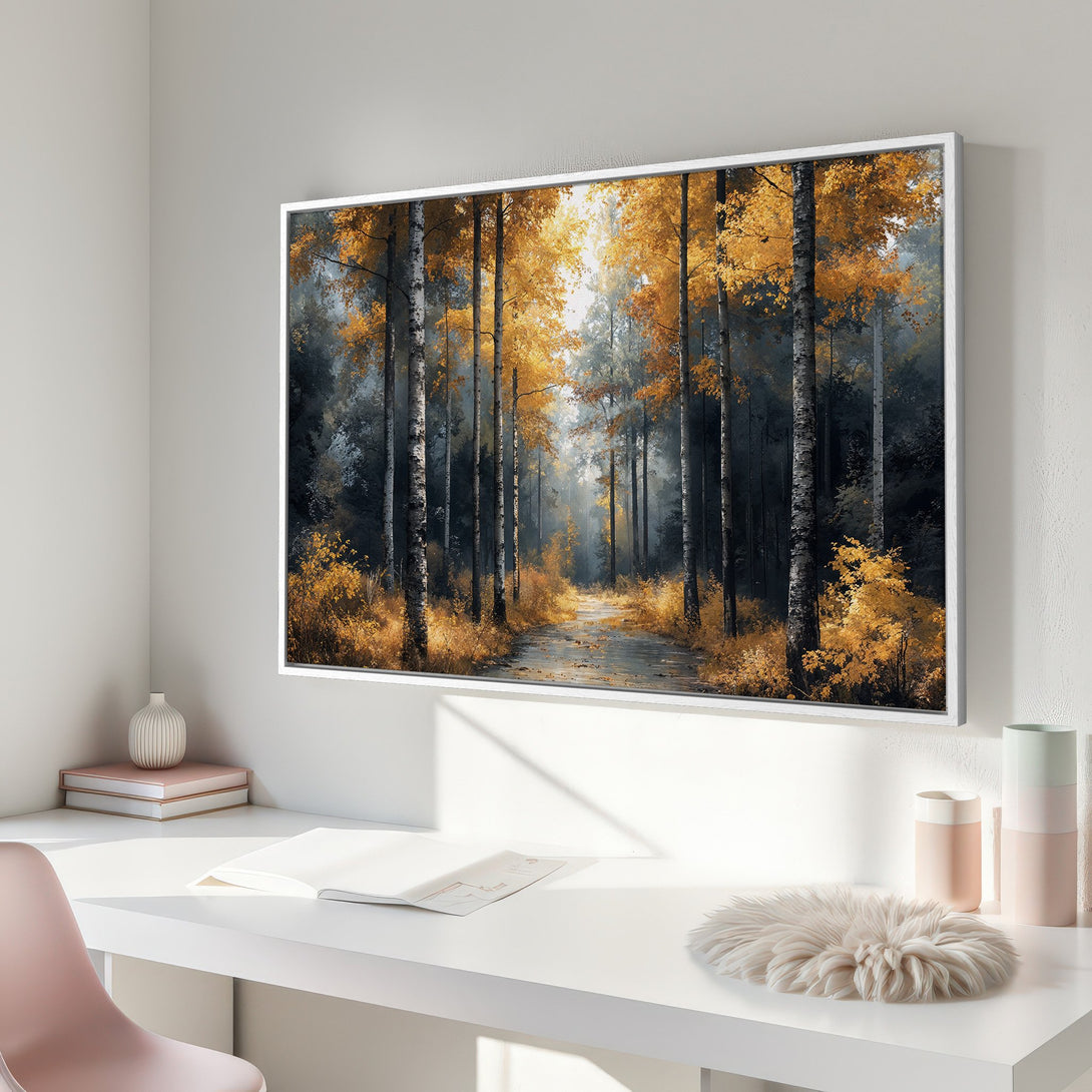 Framed Wall Art of a forest scene with a warm yellow and gray color palette. Elevate your space with this stunning canvas print!