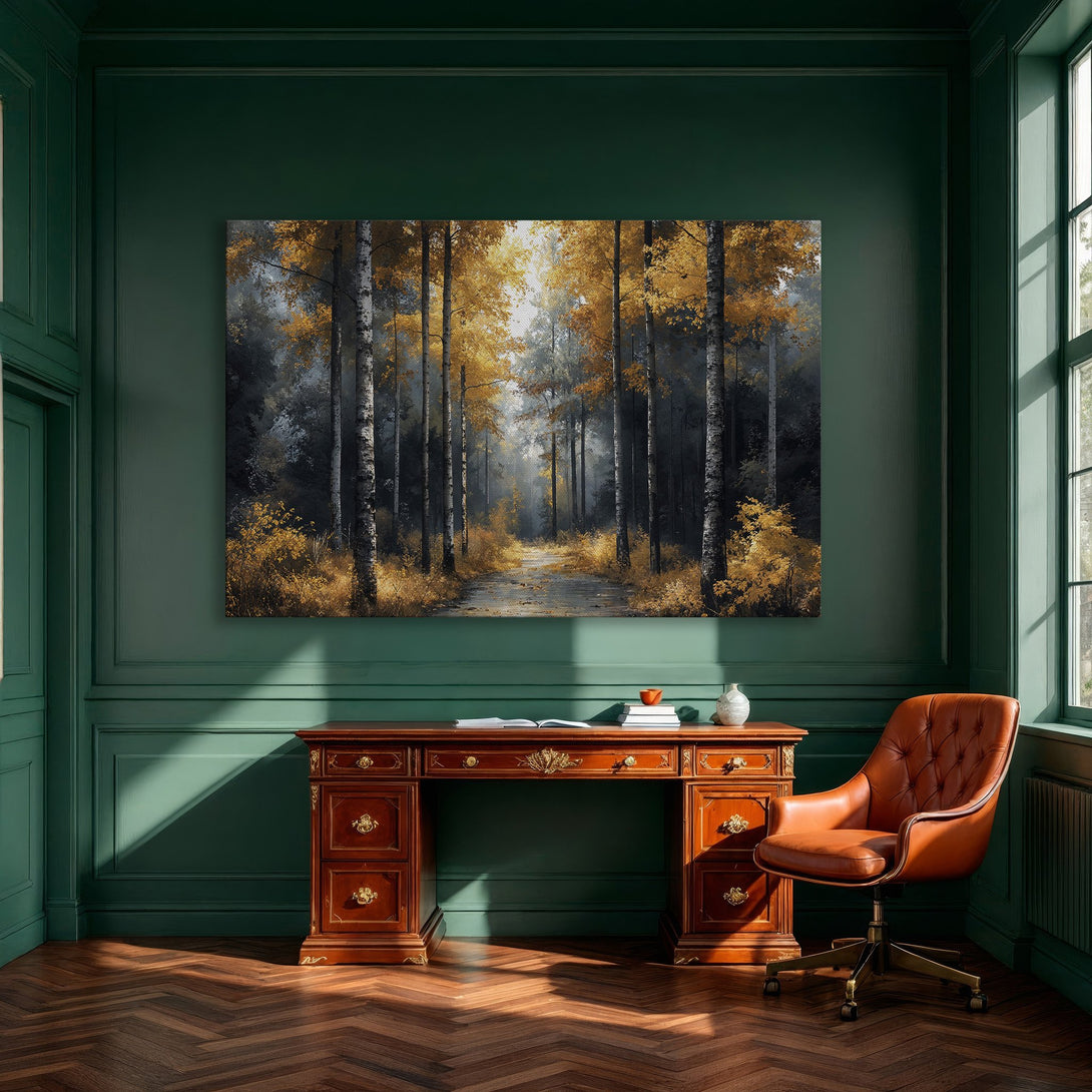 Framed Wall Art: Forest scene in gold and black hues. Modern canvas print adds warmth and style to any interior. Shop now!