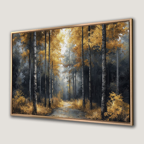 Framed Wall Art of a serene forest path in autumn colors. Featuring a golden and charcoal color palette for a touch of nature's beauty.