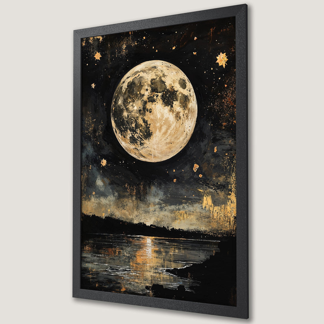 Framed Poster featuring a moonlit landscape art print. Dramatic style with black, gold, and neutral color palette. Perfect wall decor.