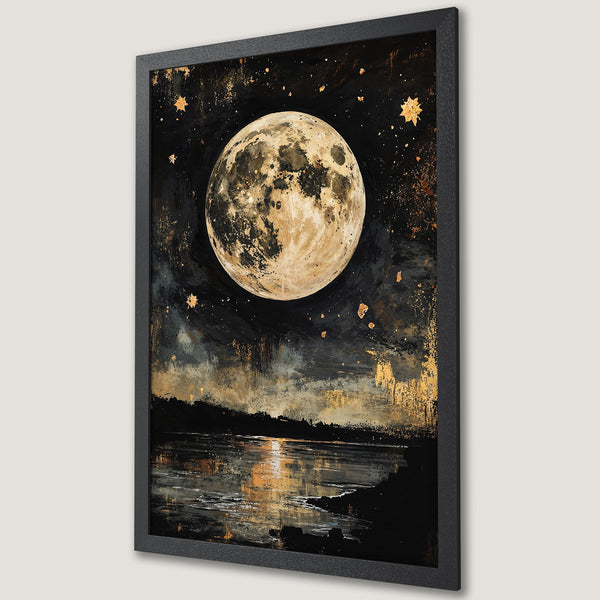 Framed Poster featuring a moonlit landscape art print. Dramatic style with black, gold, and neutral color palette. Perfect wall decor.