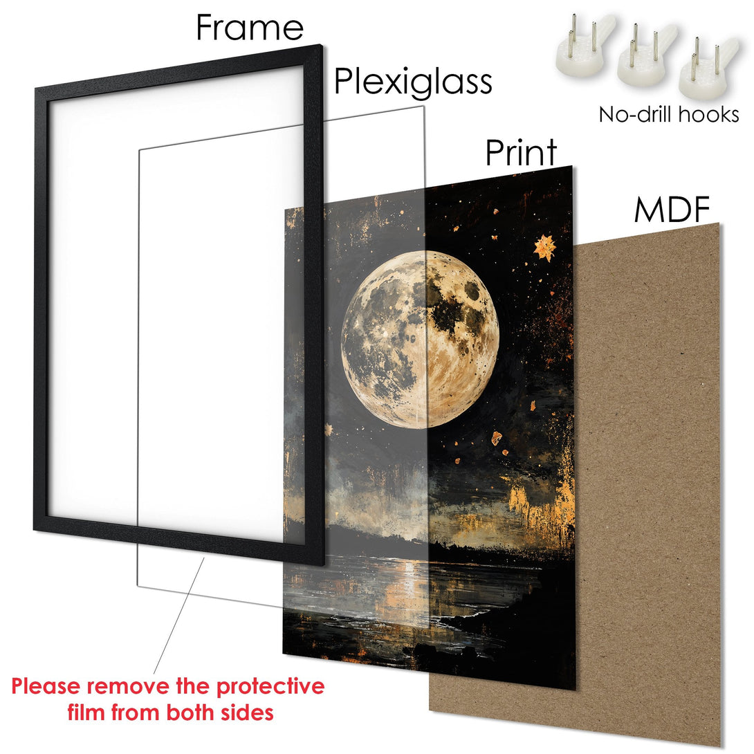 Framed Poster featuring a moonlit landscape art print. Dark, moody style with gold and black color palette. Ready to hang!