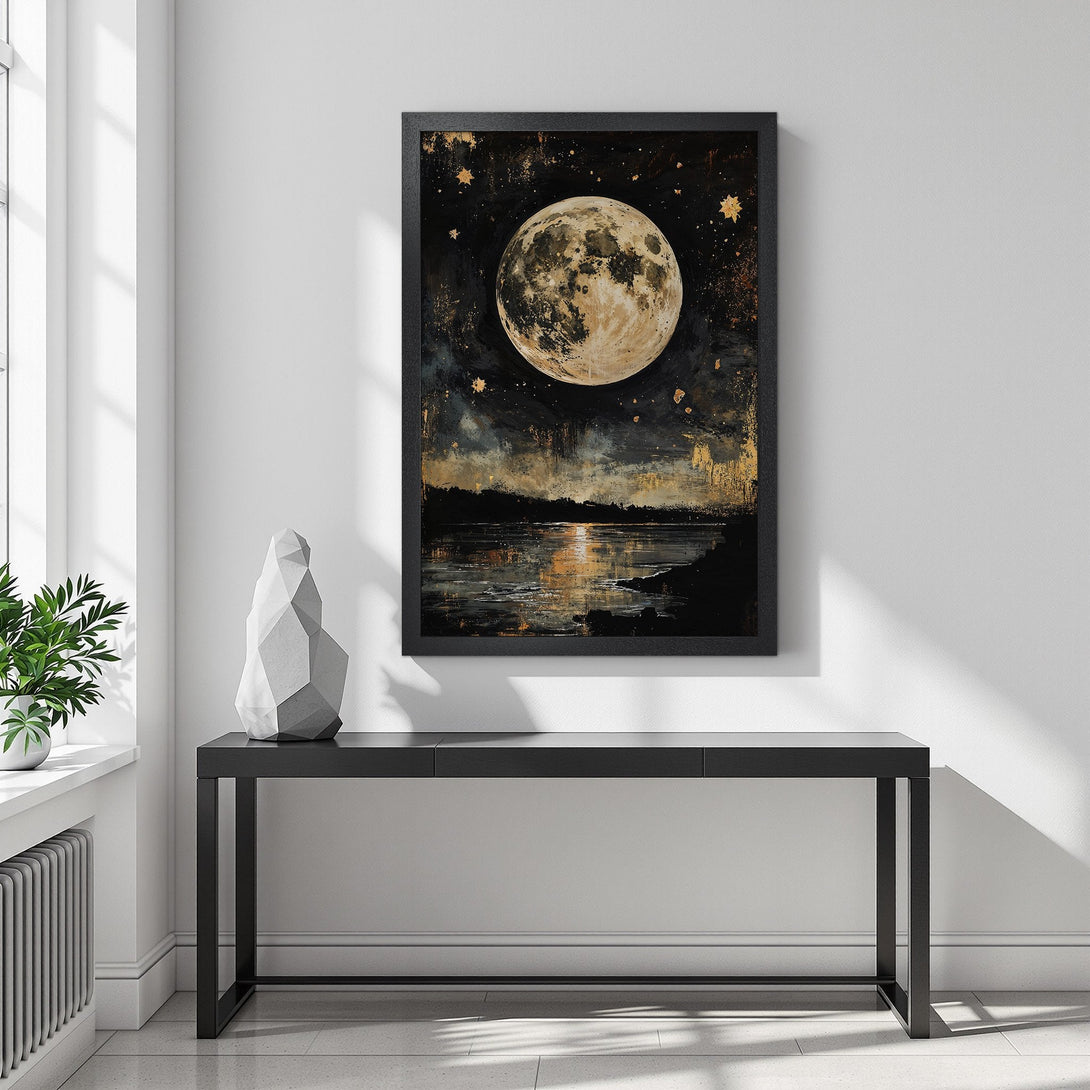 Framed Poster featuring a celestial moonlit landscape. Artistic style with a dark, gold, and neutral color palette. Elevate your space with this stunning art.