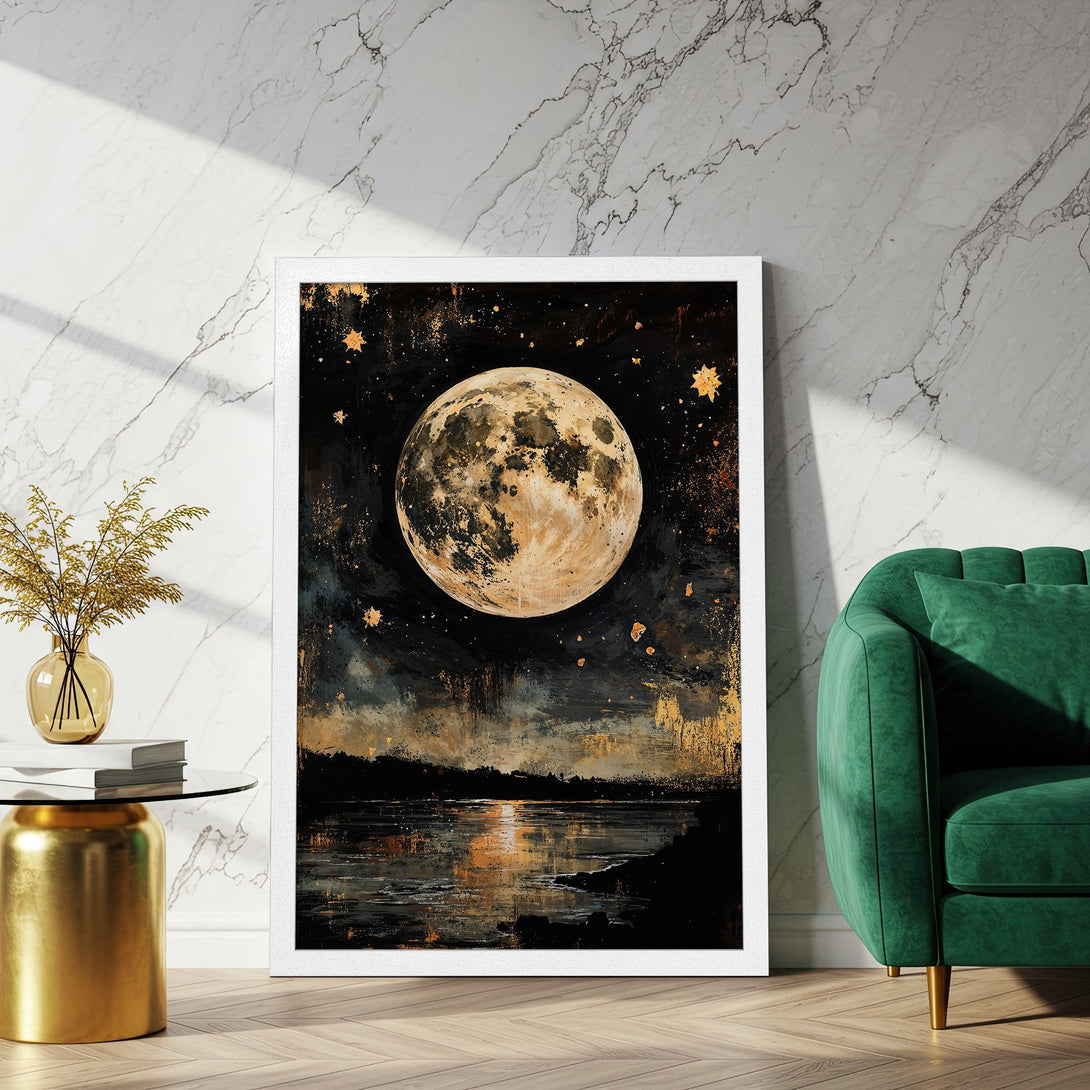 Framed Poster featuring a moonlit landscape painting in a dark, moody style with gold accents. Perfect wall art for any room.