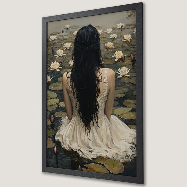 Framed Poster: Woman in white dress on lily pads. Serene art print with muted greens, blues, and whites. Perfect for adding a touch of elegance.