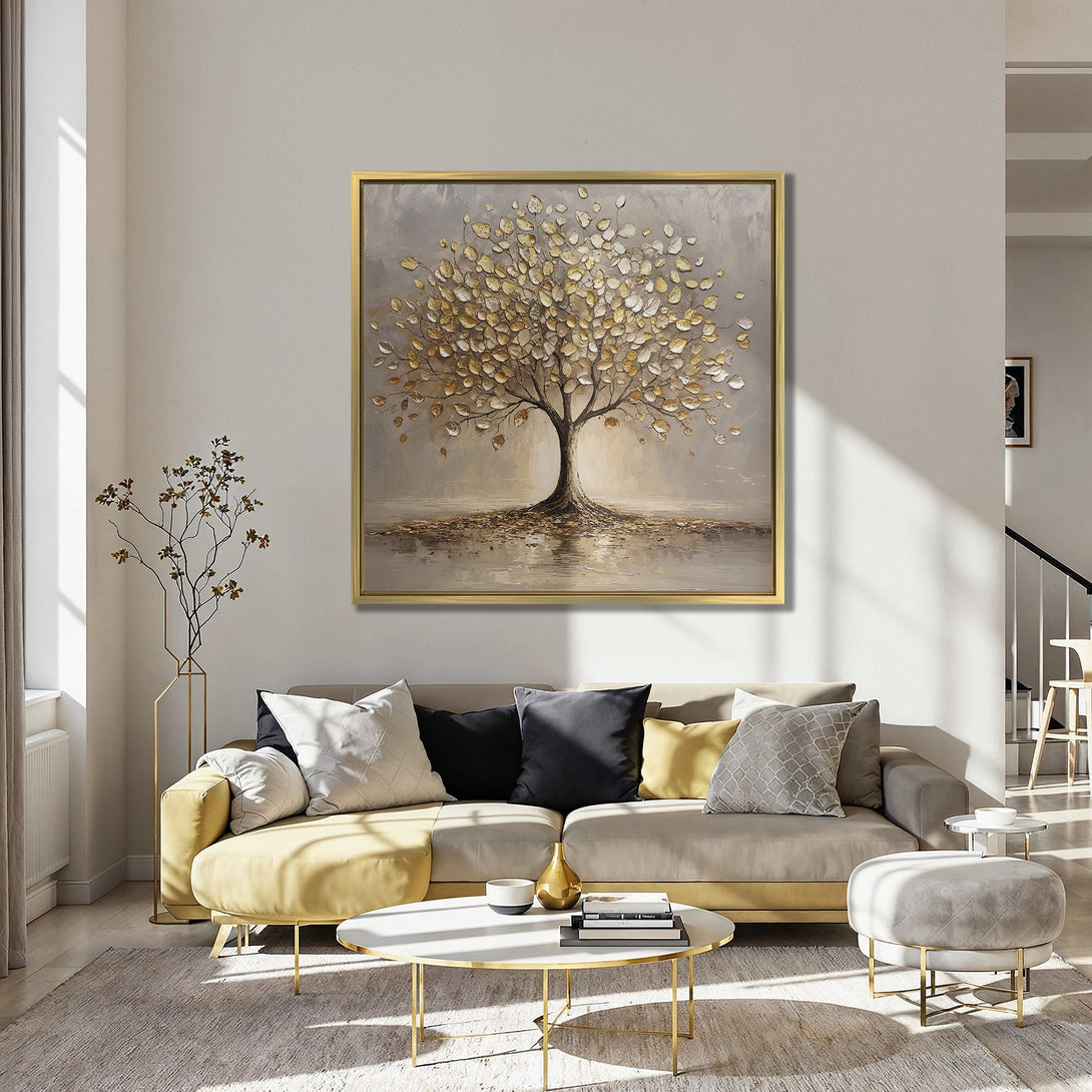 Canvas Print of a tree with gold leaves, displayed in a stylish interior. Warm neutral tones with pops of orange and blue create a cozy atmosphere.