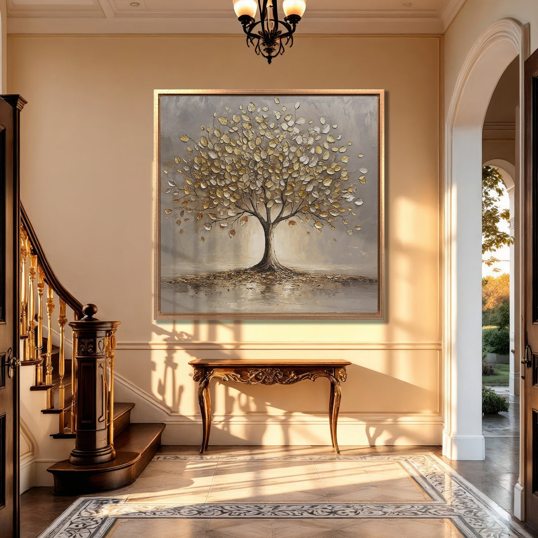 Framed Wall Art: Elegant tree painting in a luxury interior. Neutral gray and gold color palette adds warmth and sophistication to any space. Perfect for home decor.
