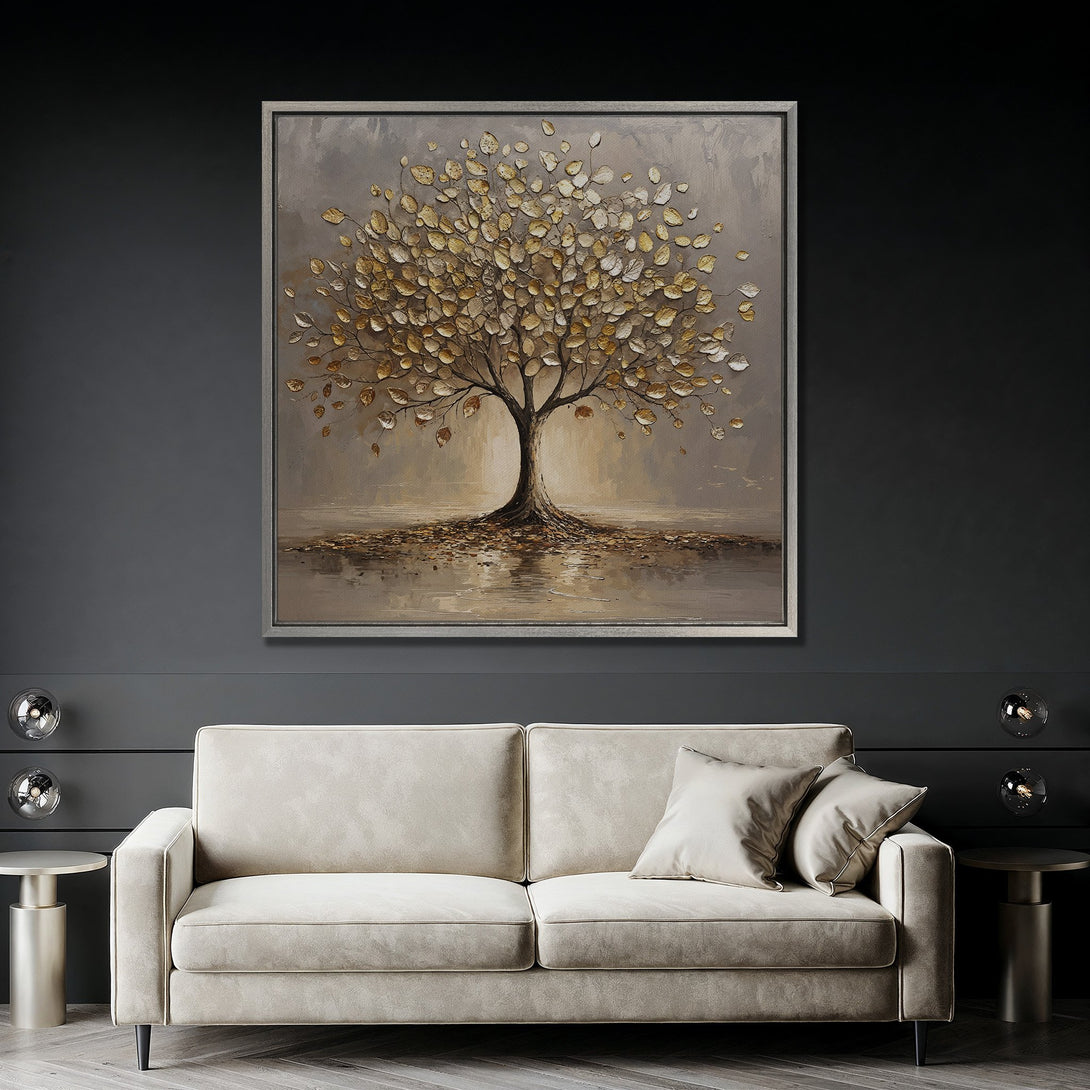 Framed Wall Art: Abstract tree painting in gold and neutral tones. Modern canvas print adds elegance to any living room. Shop now for stylish wall decor!