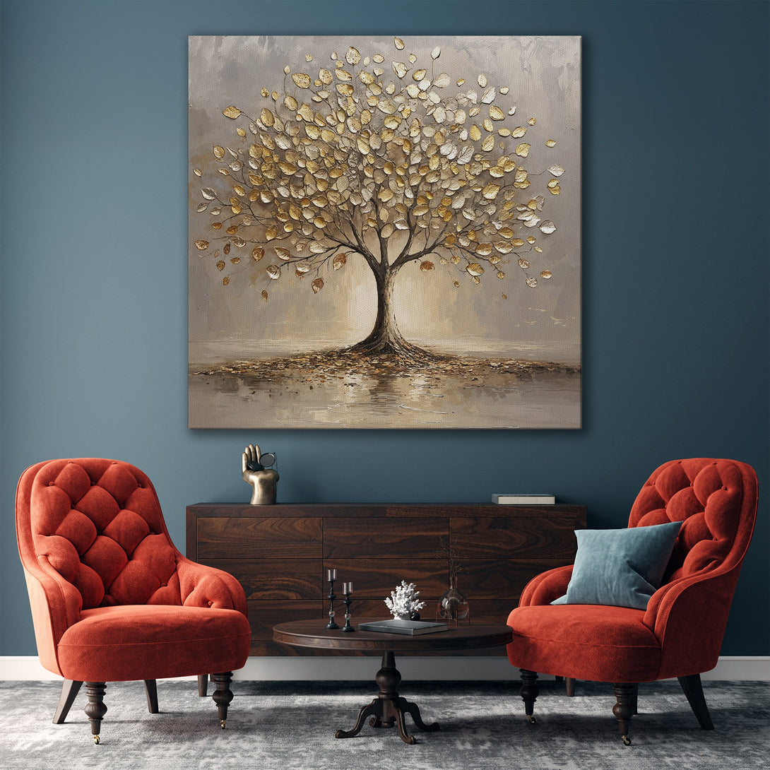 Framed Wall Art: Abstract tree painting with gold and neutral tones. Modern art canvas print perfect for living room decor.