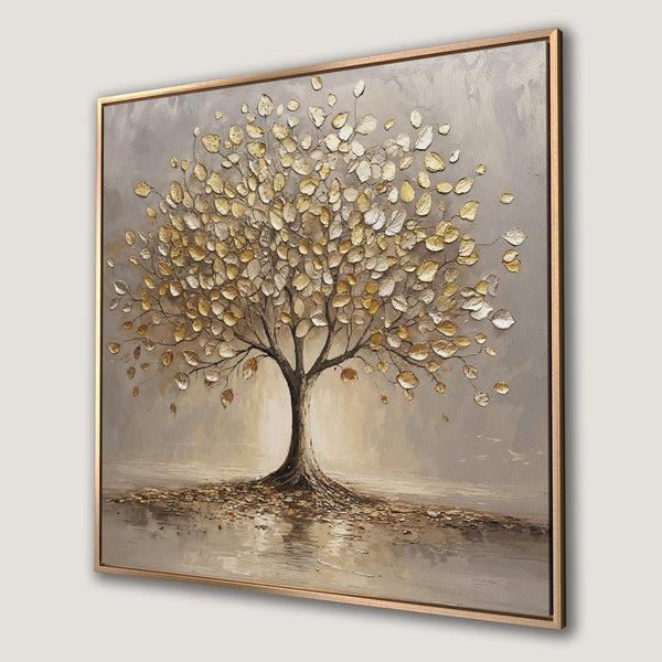 Framed Wall Art: Textured tree painting in gold and neutral tones. Elegant canvas print for modern home decor.