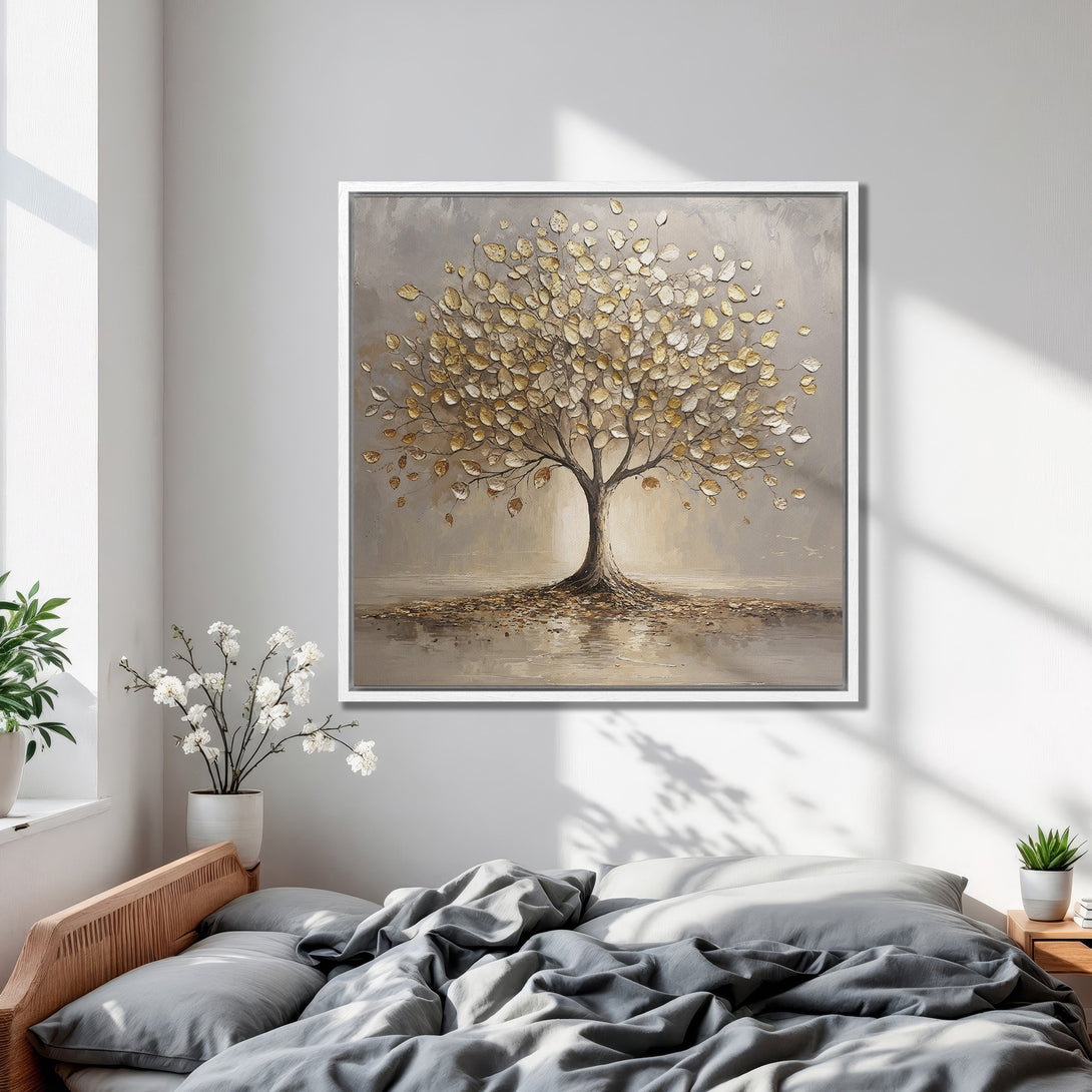 Framed Wall Art: Textured tree painting in neutral tones. Gold and gray palette. Modern canvas art for bedroom decor.