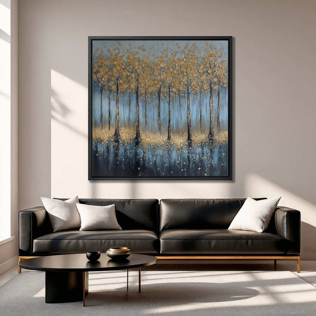 Framed Wall Art: Abstract gold trees on blue canvas. Modern art piece, perfect for living room decor. Adds a touch of elegance and sophistication.