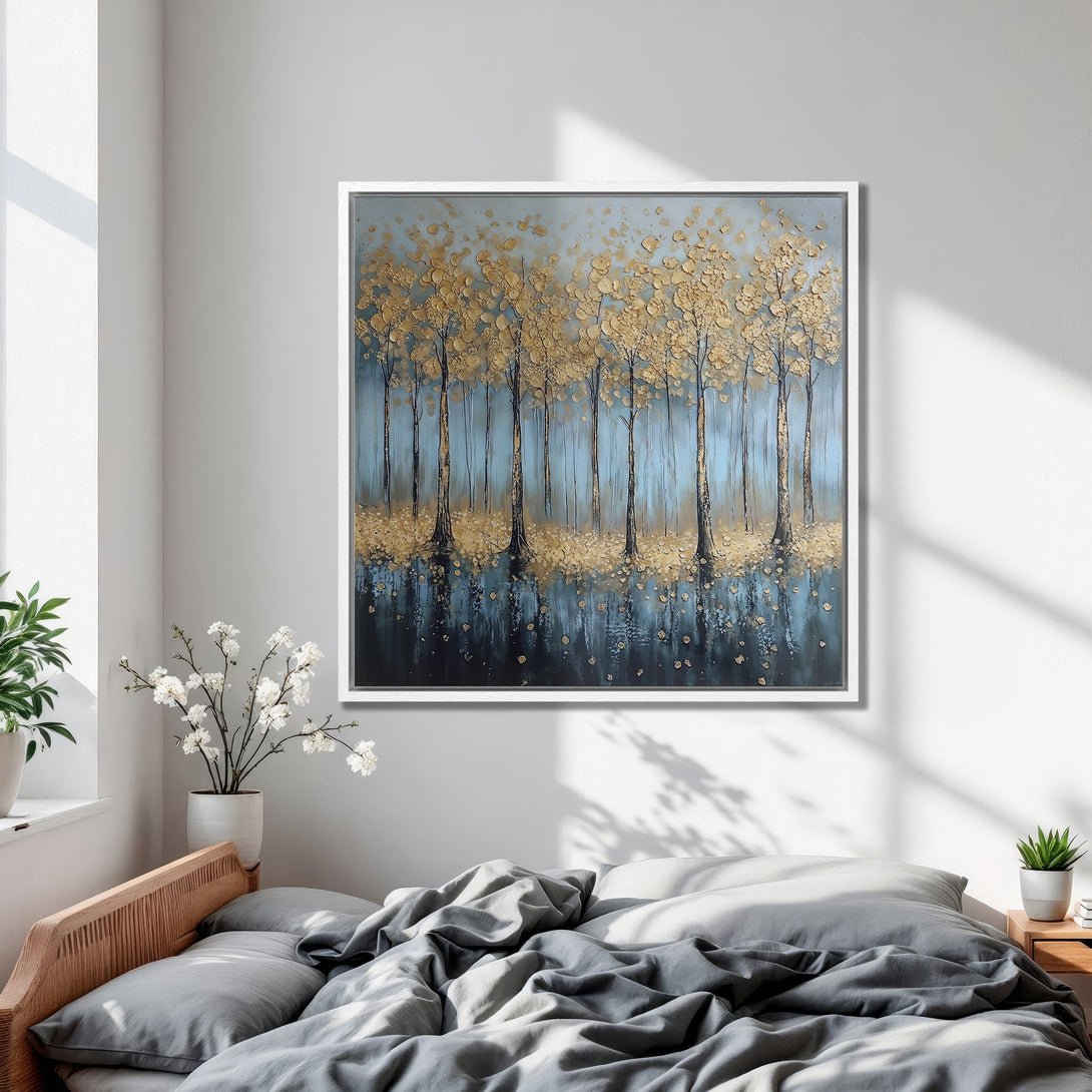 Framed Wall Art: Abstract gold trees on teal canvas. Modern art for bedroom decor. Adds a touch of luxury and serenity.