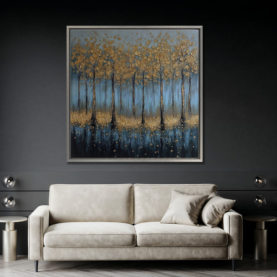 Framed Wall Art: Abstract gold tree painting with blue and teal hues. Modern canvas art for living room decor.