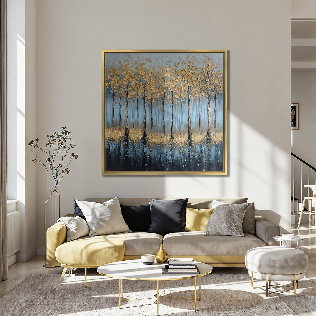 Canvas Print of abstract gold trees on a teal background. Modern art style with a touch of texture, perfect for home decor.