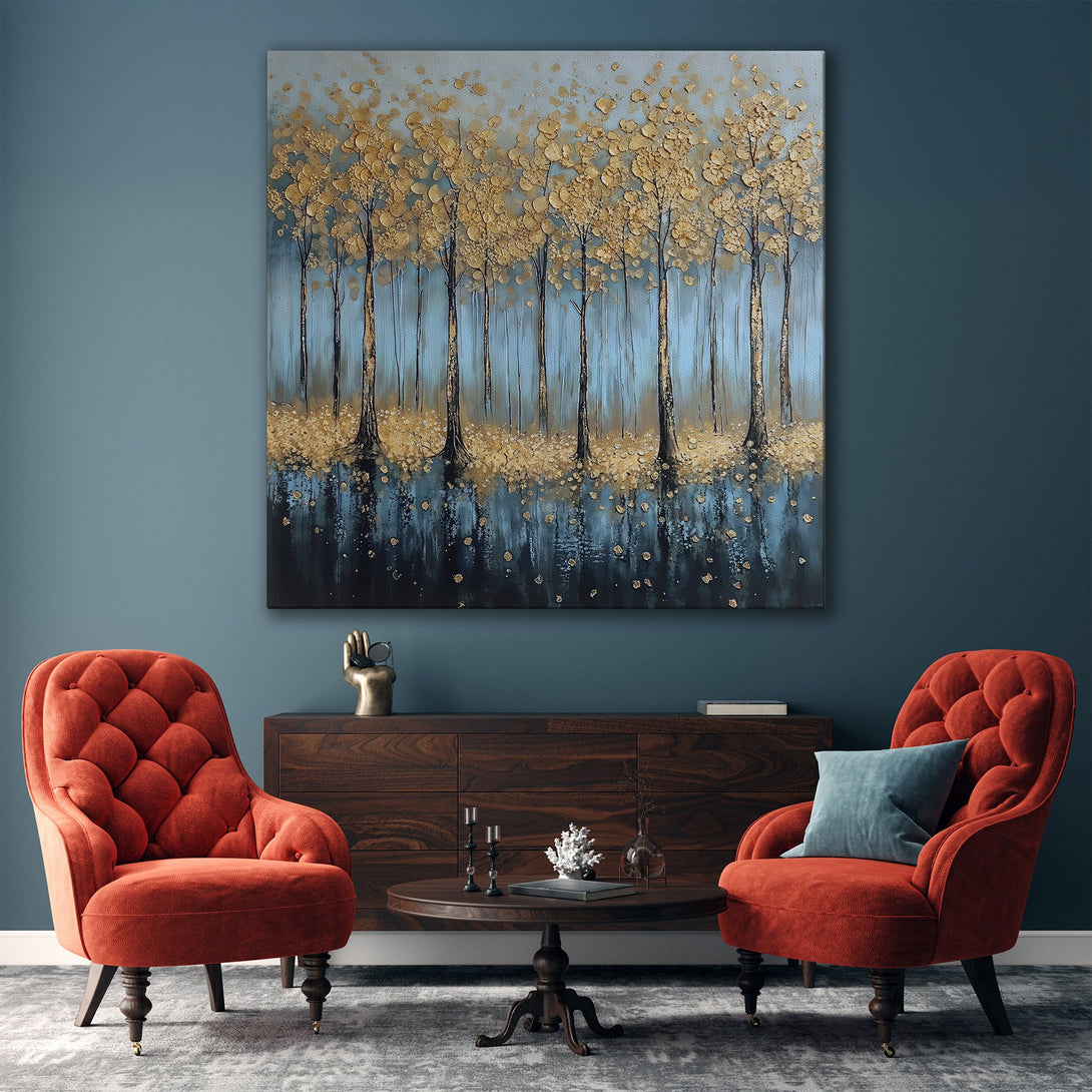 Framed Wall Art: Abstract gold trees on blue canvas. Modern art print in a living room. Adds a touch of elegance to any space.